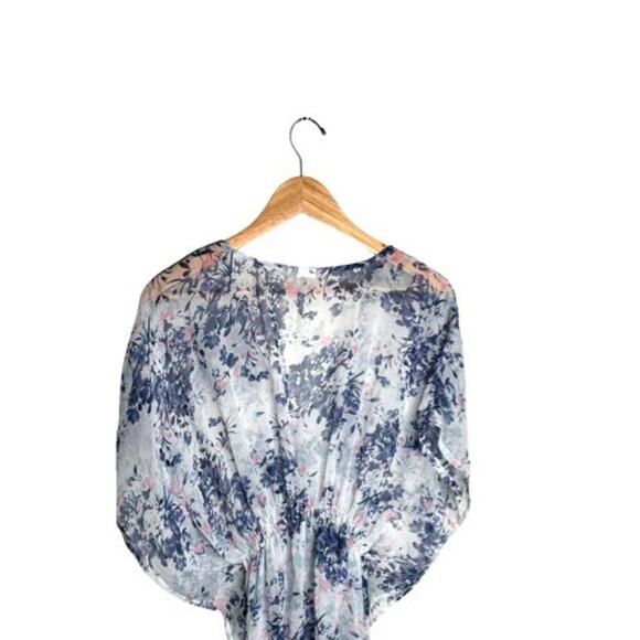 Floral Cover Up One Size Sheer White Blue Purple Knee Length V Neck Lightweight - Picture 4 of 7